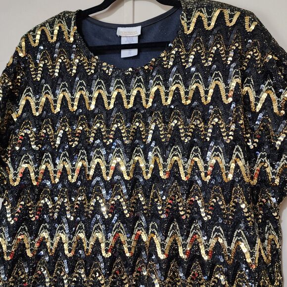 Roamans Black Gold Sequin VINTAGE Holiday Shell Top Plus Size 20/22 Stretch - Picture 2 of 16